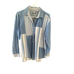 HG NY Vintage Cottage Western Denim Patchwork Button Shirt Blue Gingham Stripe L